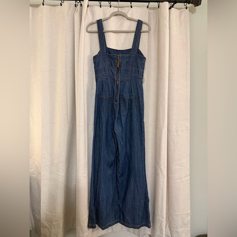 Anthropologie x Ett:Twa Margaret Belted Flare Leg Denim Jumpsuit - Picture 3 of 5